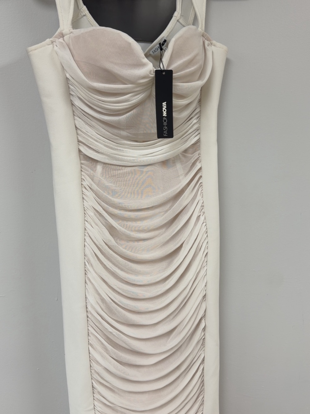 Fashion Nova Strapless Cream Ruched Midi Dress
